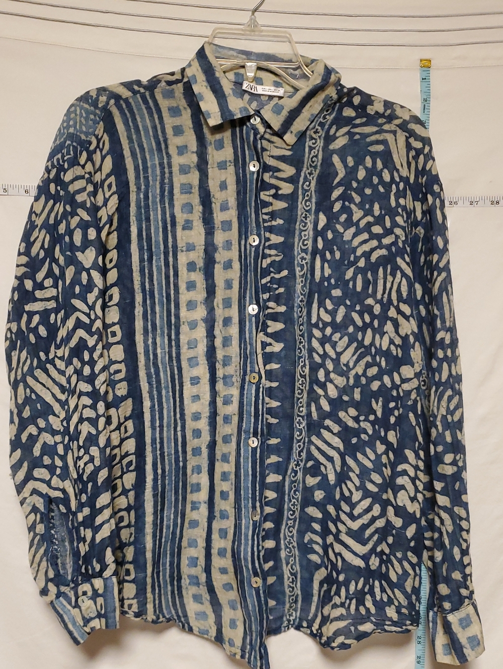 Zara Blue Cream Tribal Print Cotton Linen Sheer Button Blouse L Artsy Boho Layer